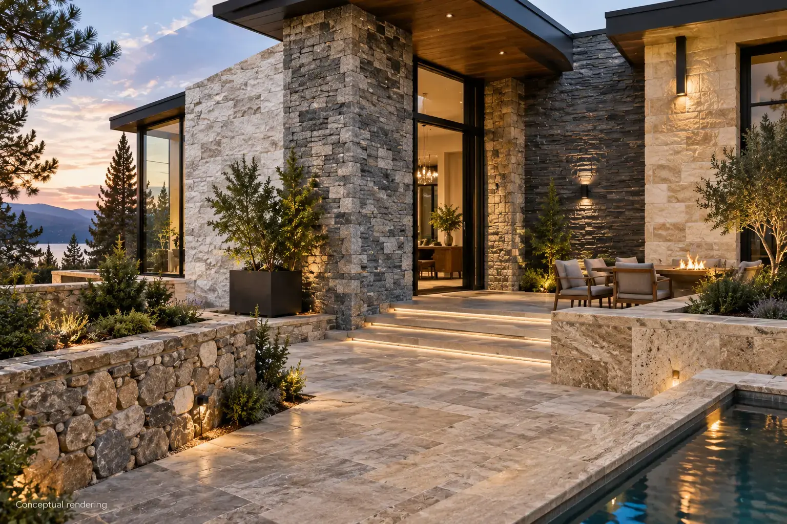 Conceptual rendering of modern home with exterior stone façade and patio
