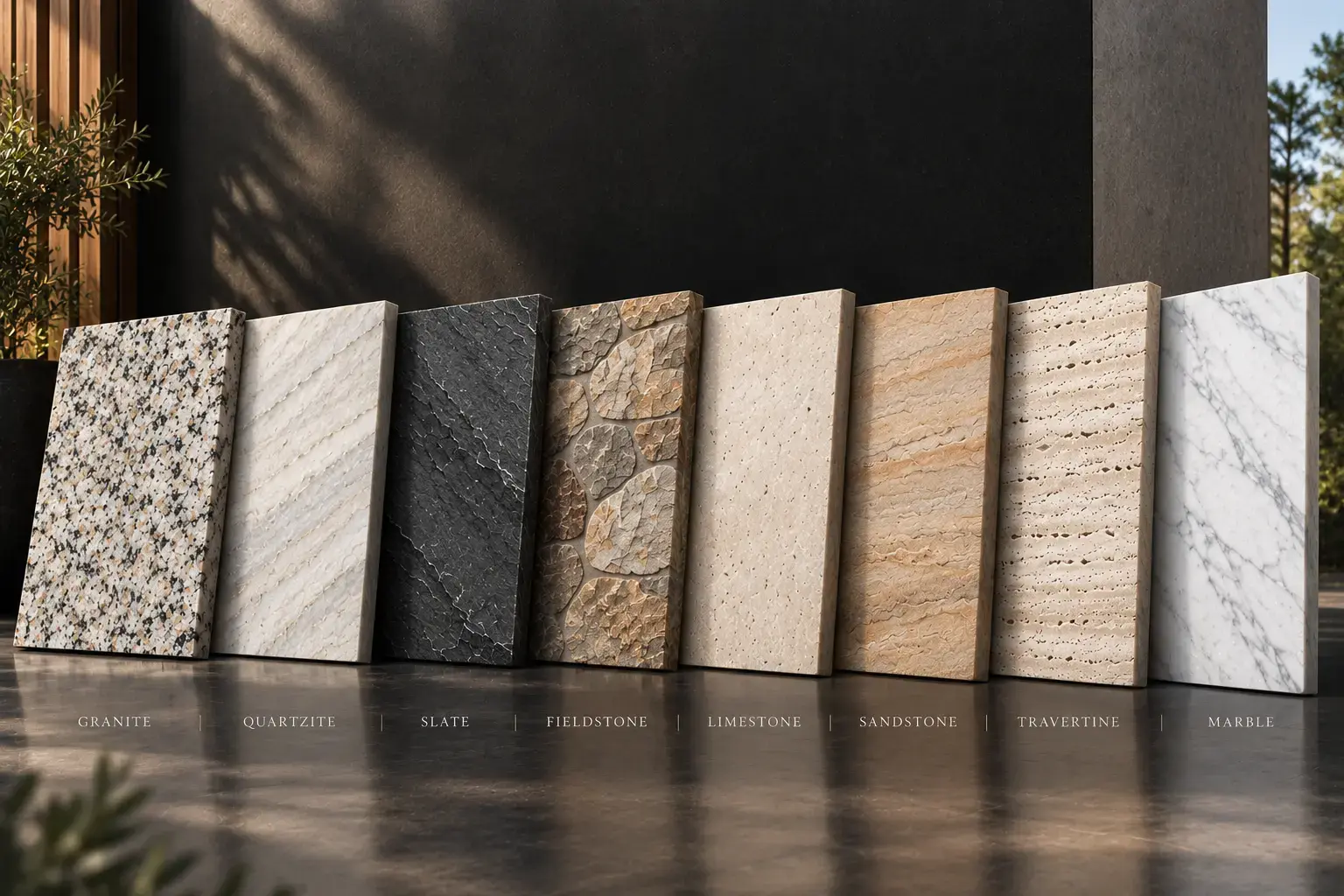Conceptual rendering of exterior stone samples displayed side by side on a dark background