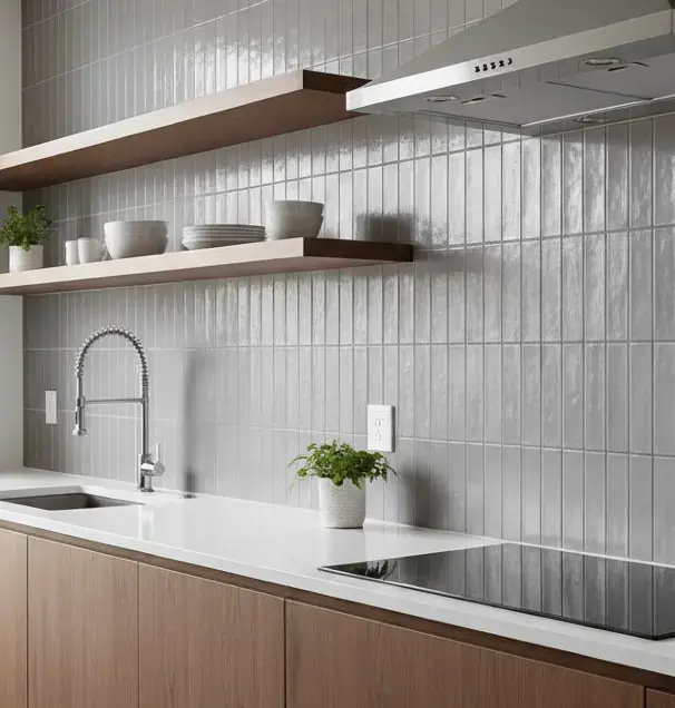 Grey subway tile kitchen backsplash installation