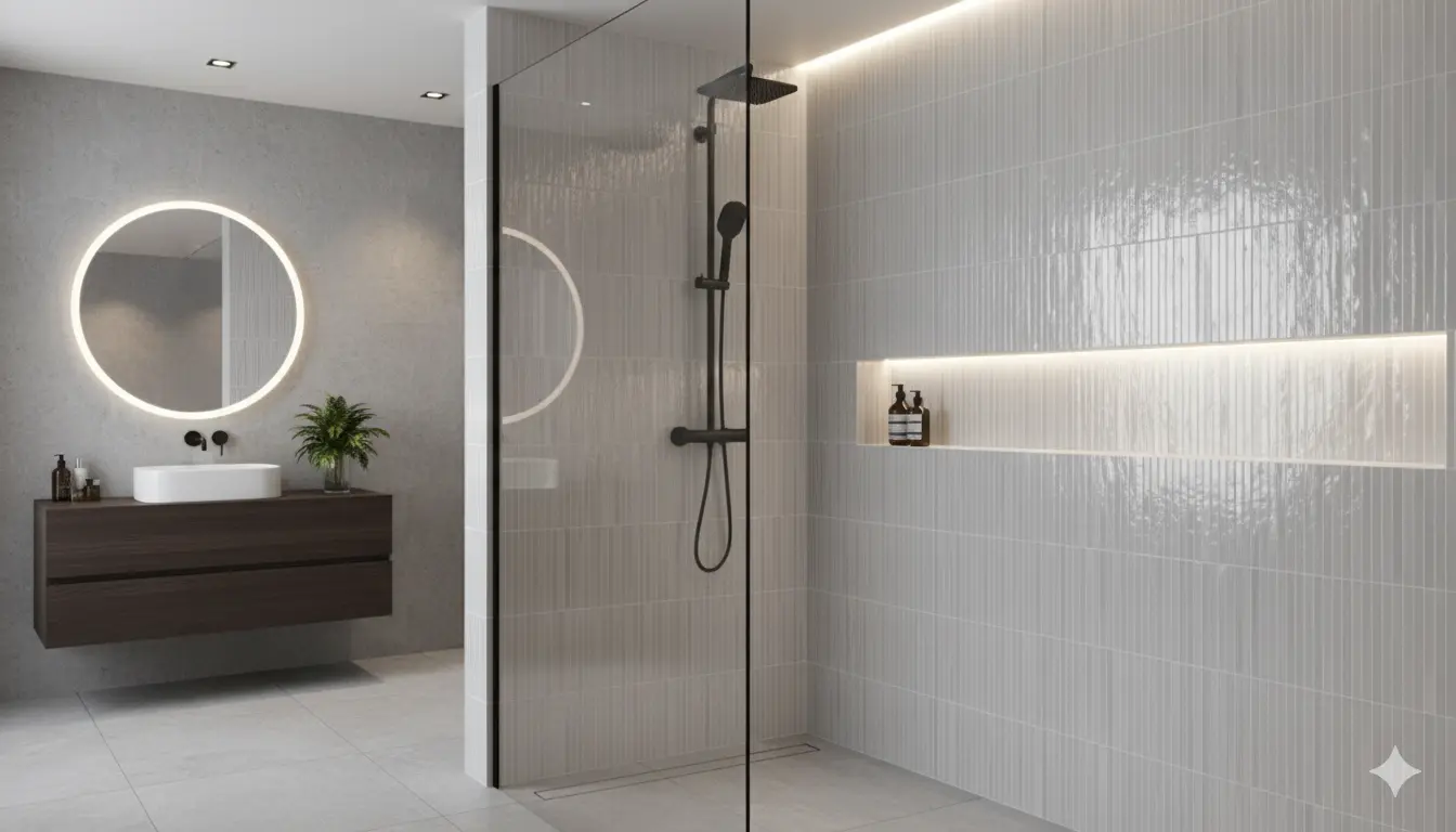 5x10 polished grey subway tile installed vertically in a walk-in shower