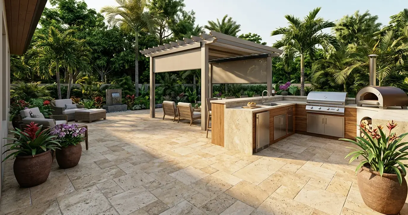 Conceptual rendering of a travertine patio built for a humid climate backyard