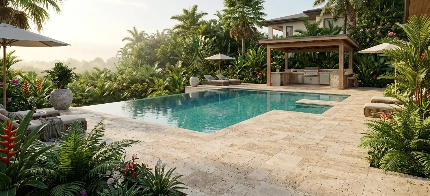 Conceptual rendering of a travertine pool deck finish in a humid climate setting