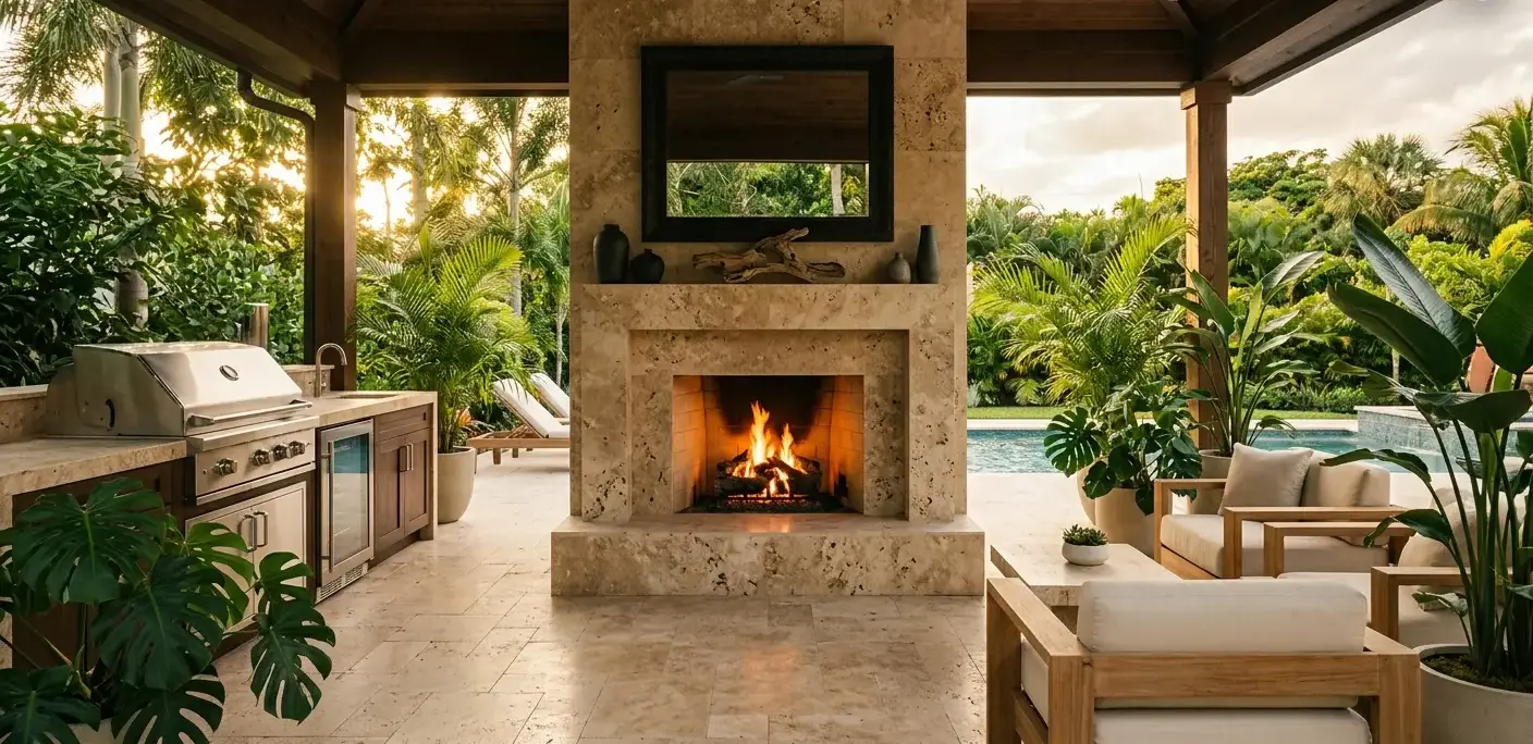 Conceptual rendering of a travertine fireplace surround built for humid climate exteriors
