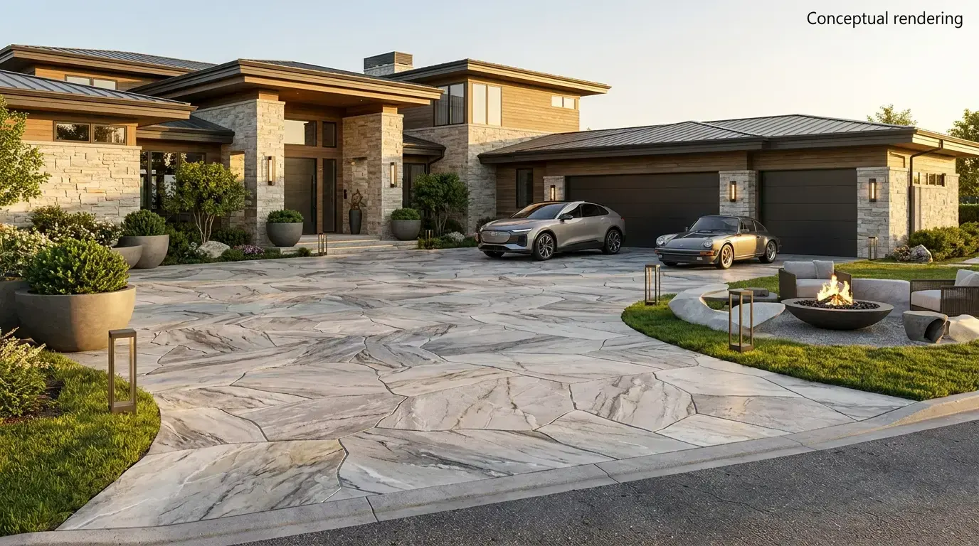 Conceptual rendering of a modern stone-and-wood home with a large stone paver driveway, two cars, and a fire pit lounge area
