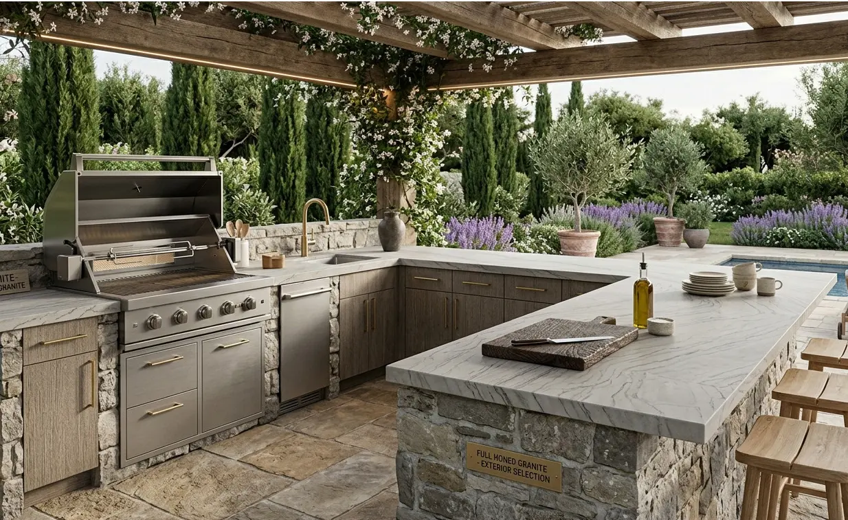 Conceptual rendering of an outdoor kitchen with stainless steel grill and full honed granite island under a pergola.
