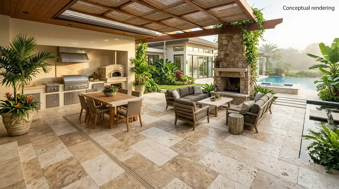 Conceptual rendering of a covered outdoor patio with travertine flooring, dining table, lounge seating, stone fireplace, outdoor kitchen, and pool.