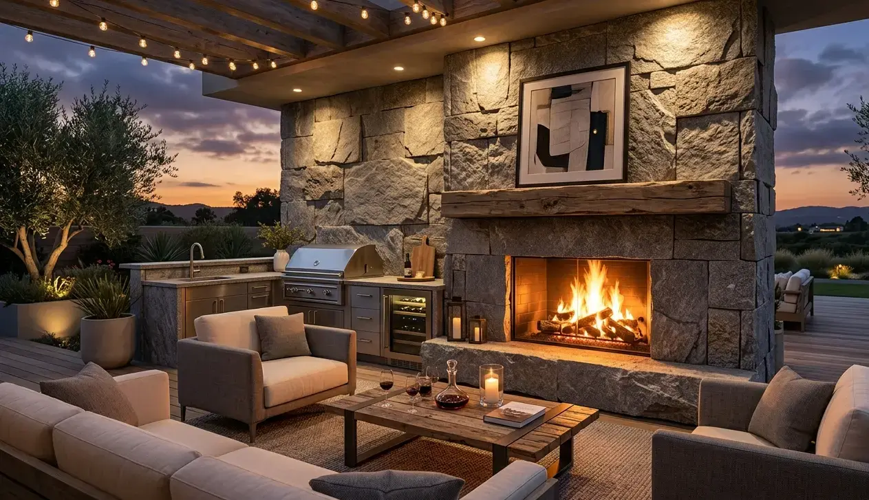 Conceptual rendering of granite slabs forming an exterior fireplace wall at dusk