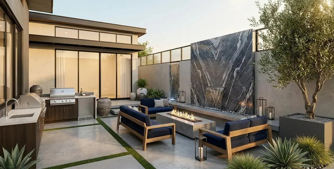 Conceptual rendering of granite slabs forming an accent wall in a modern courtyard