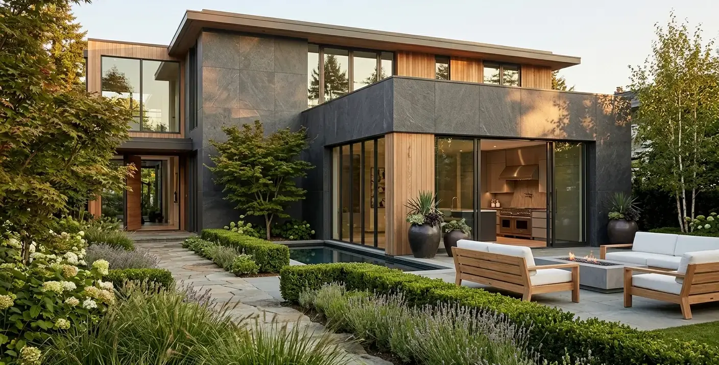 Conceptual rendering of leathered granite slabs on a facade with garden landscaping