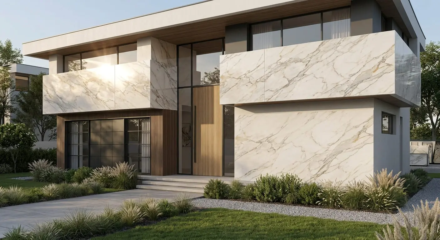 Conceptual rendering of quartzite slab in house facade