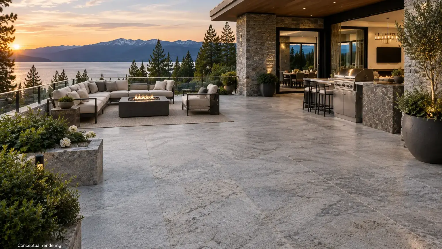 Conceptual rendering of honed granite patio at a luxury mountain home