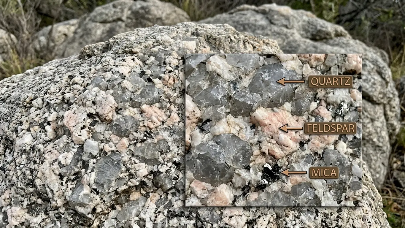 Conceptual rendering of an exterior granite stone showing visible interlocking crystals of quartz, feldspar, and mica