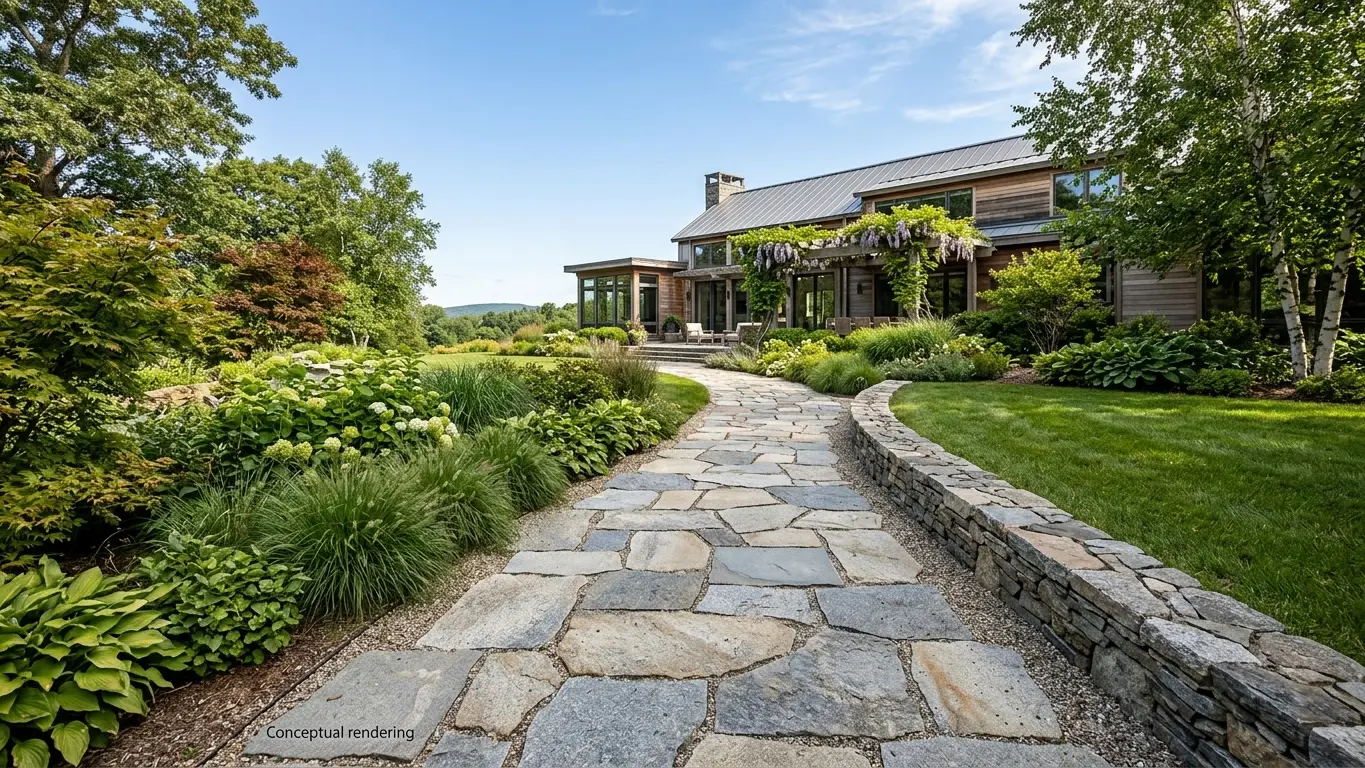 Conceptual rendering of exterior granite stone walkway leading through a landscaped garden to a modern home