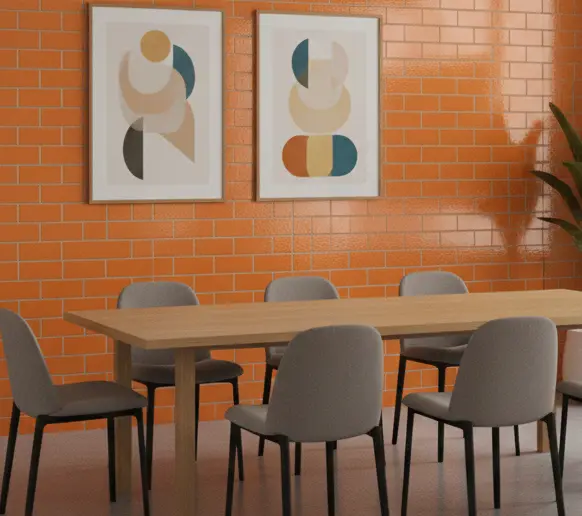 Orange subway tile accent wall in an office meeting area