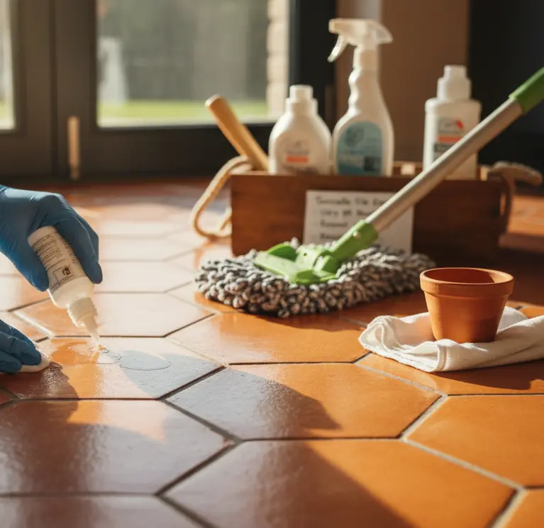Sealing a hexagonal orange subway tile flooring