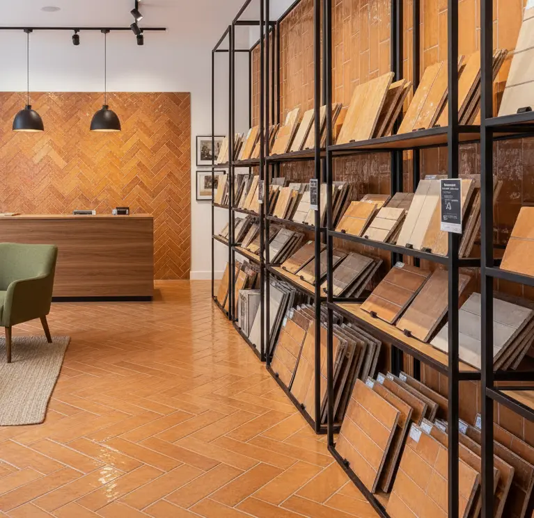 Tile store interior featuring orange subway tiles