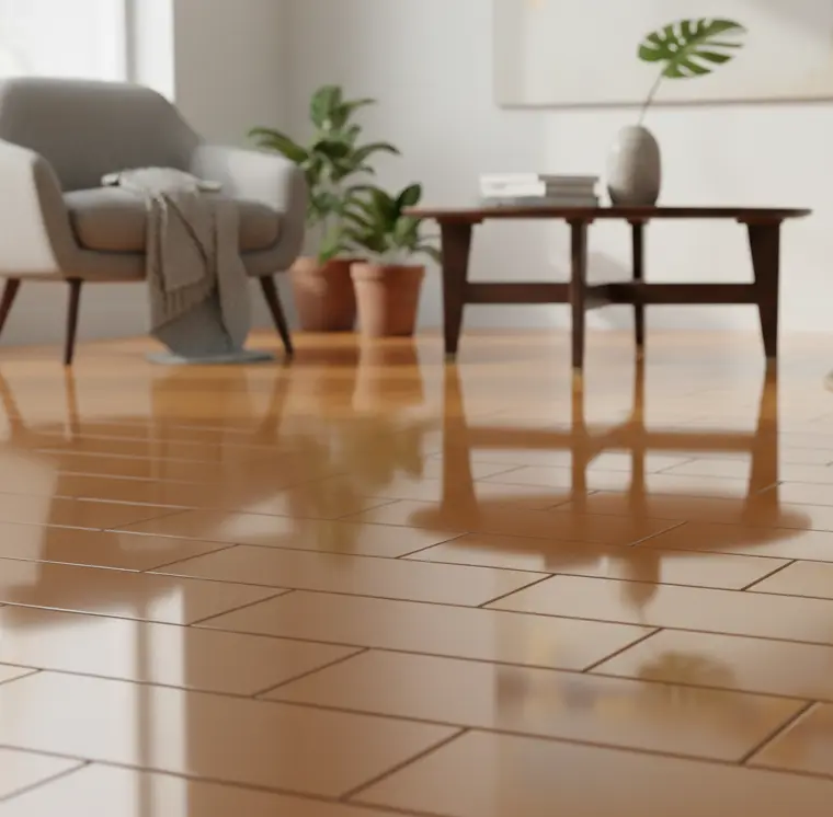 Brown porcelain subway tile flooring in a modern living room
