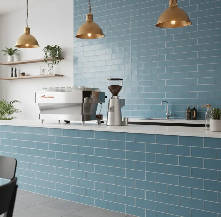Porcelain subway tiles lining the walls of a cafe