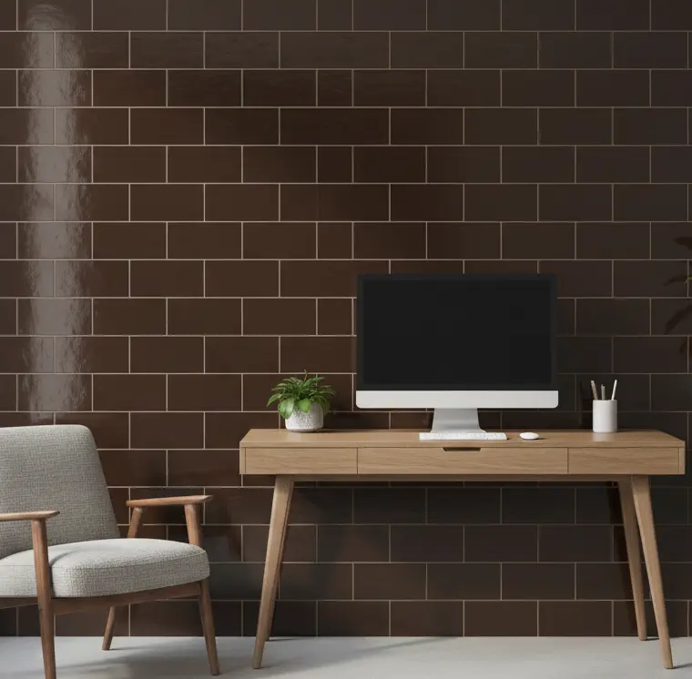 Dark brown porcelain subway tiles in a herringbone pattern