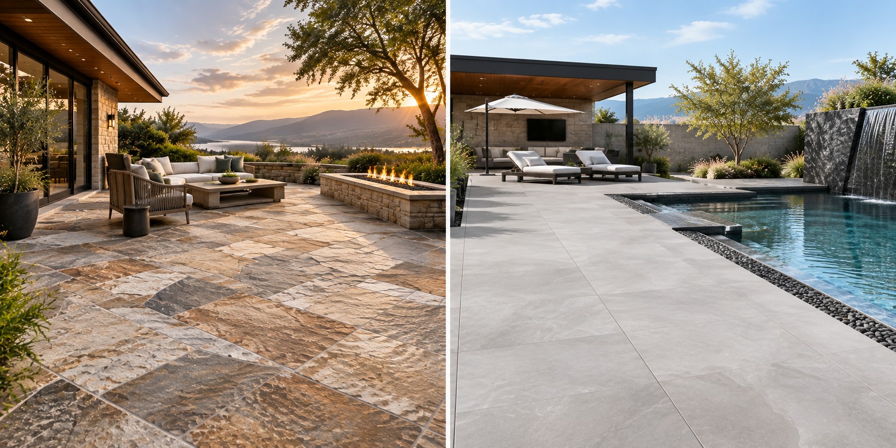 Conceptual rendering of natural stone vs. porcelain patio pavers