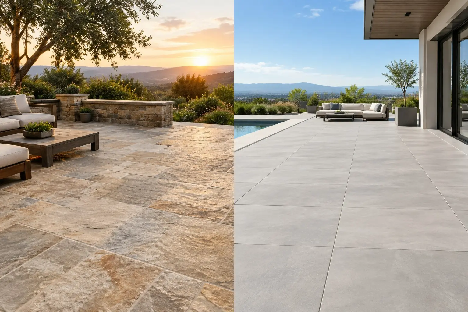 Conceptual rendering of natural stone patio vs. large-format porcelain paver terrace