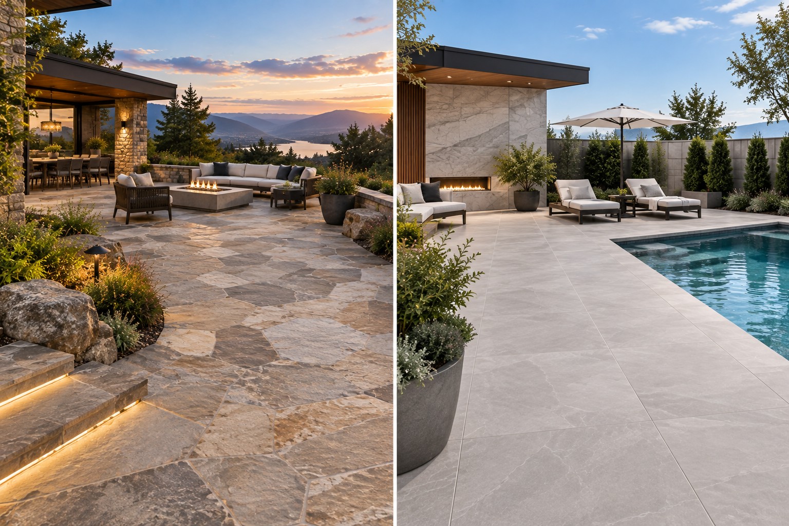 Conceptual rendering of flagstone patio vs. porcelain paver pool deck