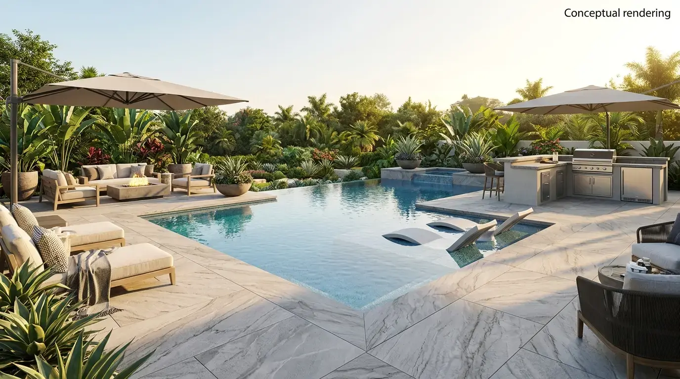 Conceptual rendering of a quartzite stone pool deck design