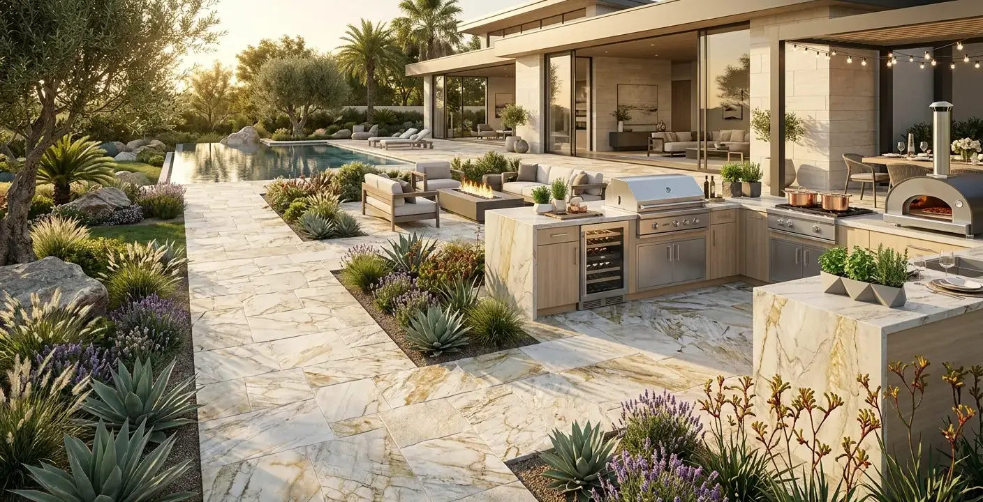 Conceptual rendering of a quartzite stone patio walkway layout