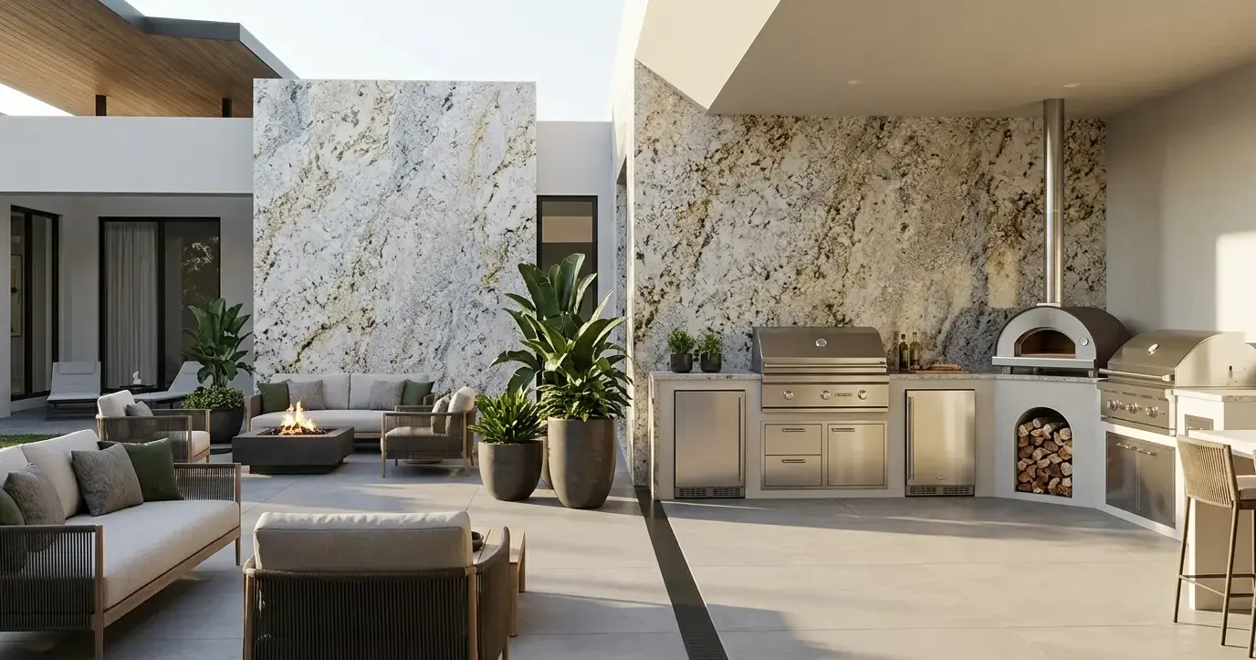 Conceptual rendering of a quartzite stone courtyard wall accent