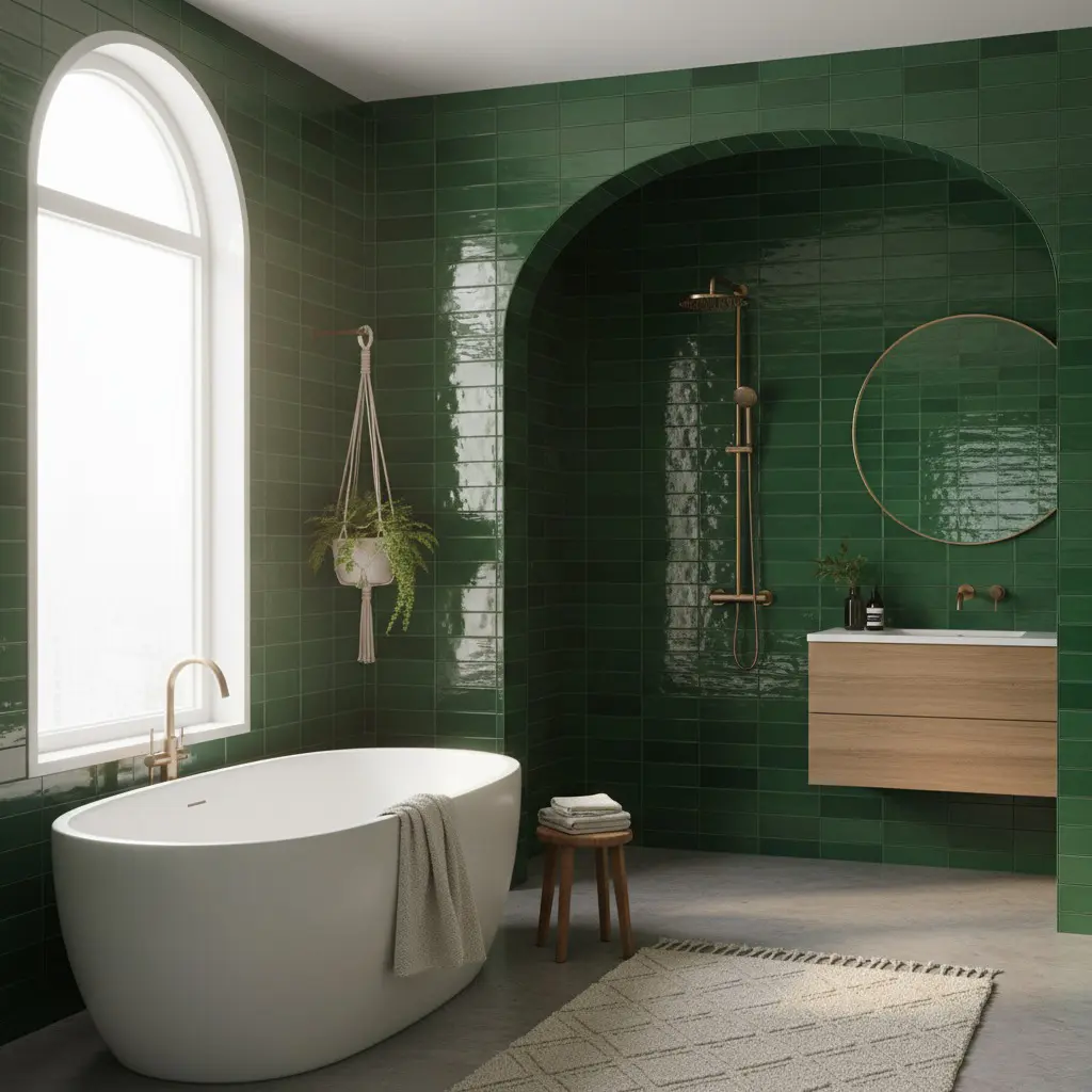 Lucida Verde 3x9 ceramic subway tile in bathroom space
