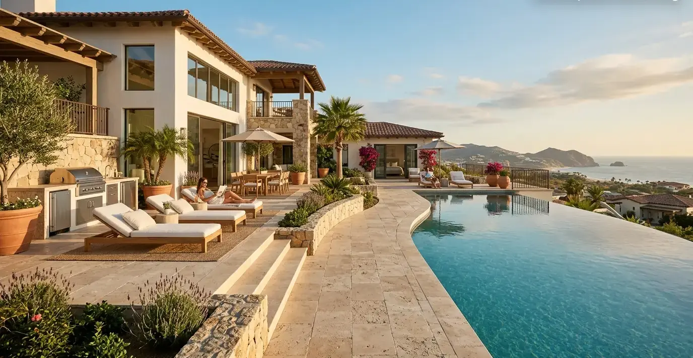 Conceptual rendering of travertine patios along a poolside walkway.