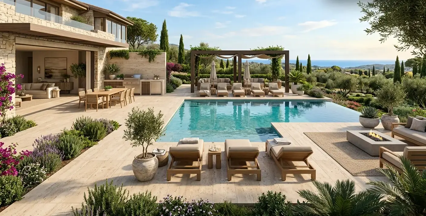 Conceptual rendering of travertine patios framing a pool lounge area.