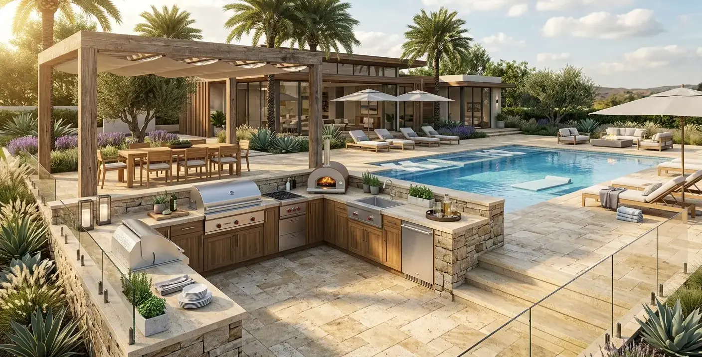 Conceptual rendering of travertine patios near an outdoor kitchen and pool