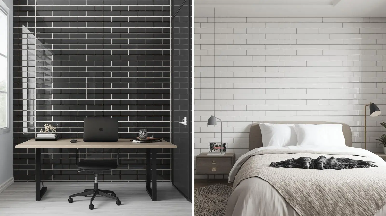 Office room and bedroom interior with the background of glossy subway tiles