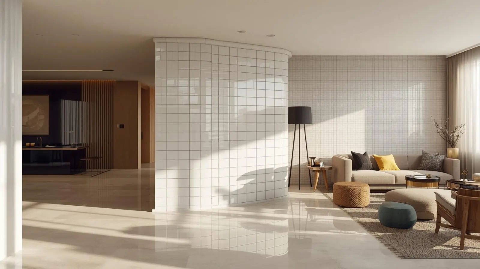 Glossy subway tiles in a living room
