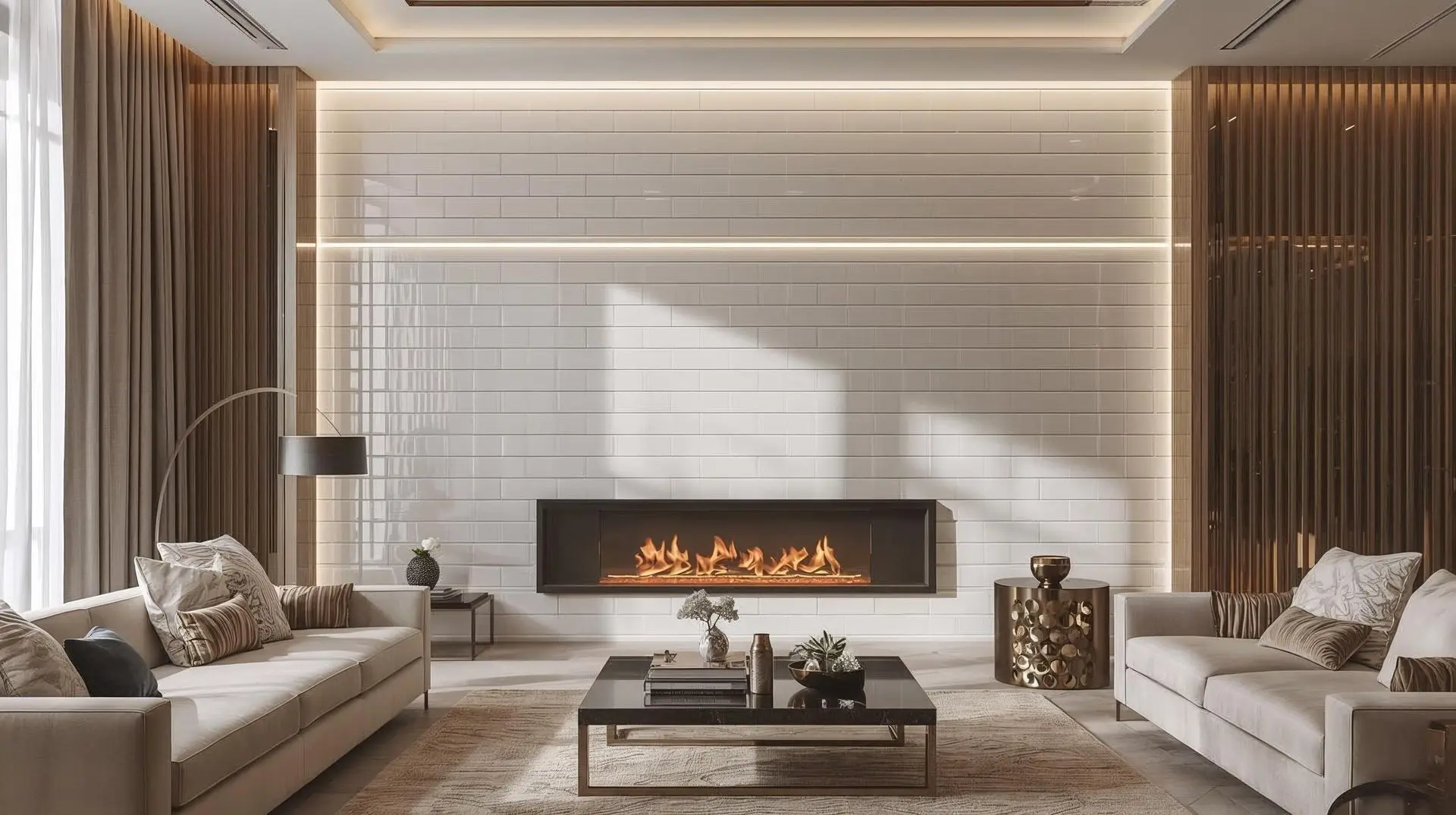 Luxurious living room with a fireplace and sofas against a wall of glossy subway tiles