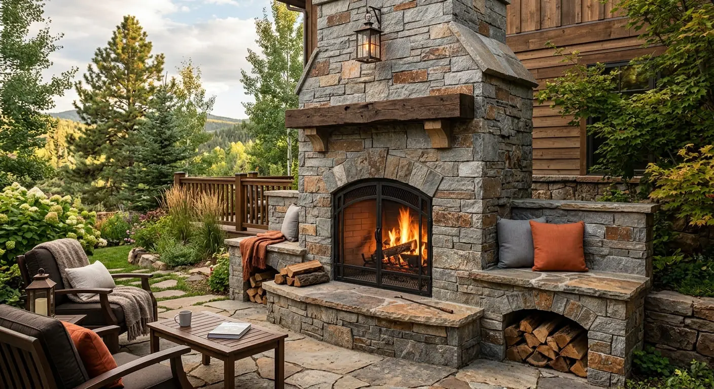Conceptual rendering of exterior fireplace clad in ledger stone quartzite.