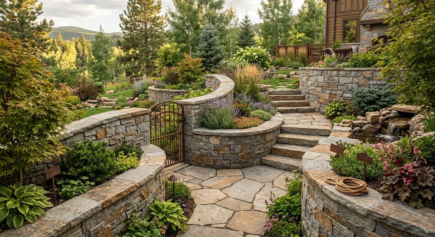 Conceptual rendering of ledger stone quartzite in garden walls.