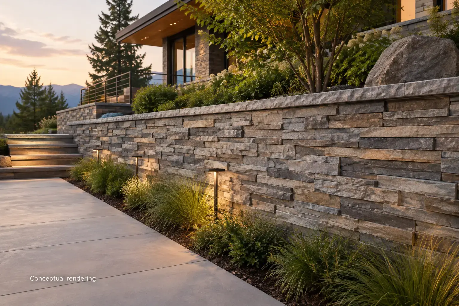 Conceptual rendering of modern exterior retaining wall featuring stacked ledger stone, landscaping, and warm architectural lighting.