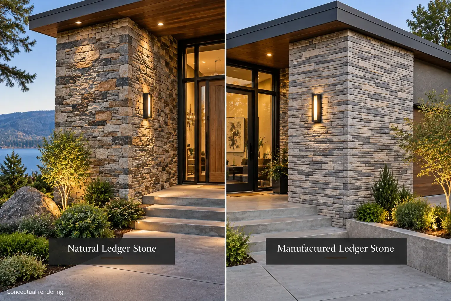Conceptual rendering of side-by-side exterior featuring natural and manufactured ledger stone.