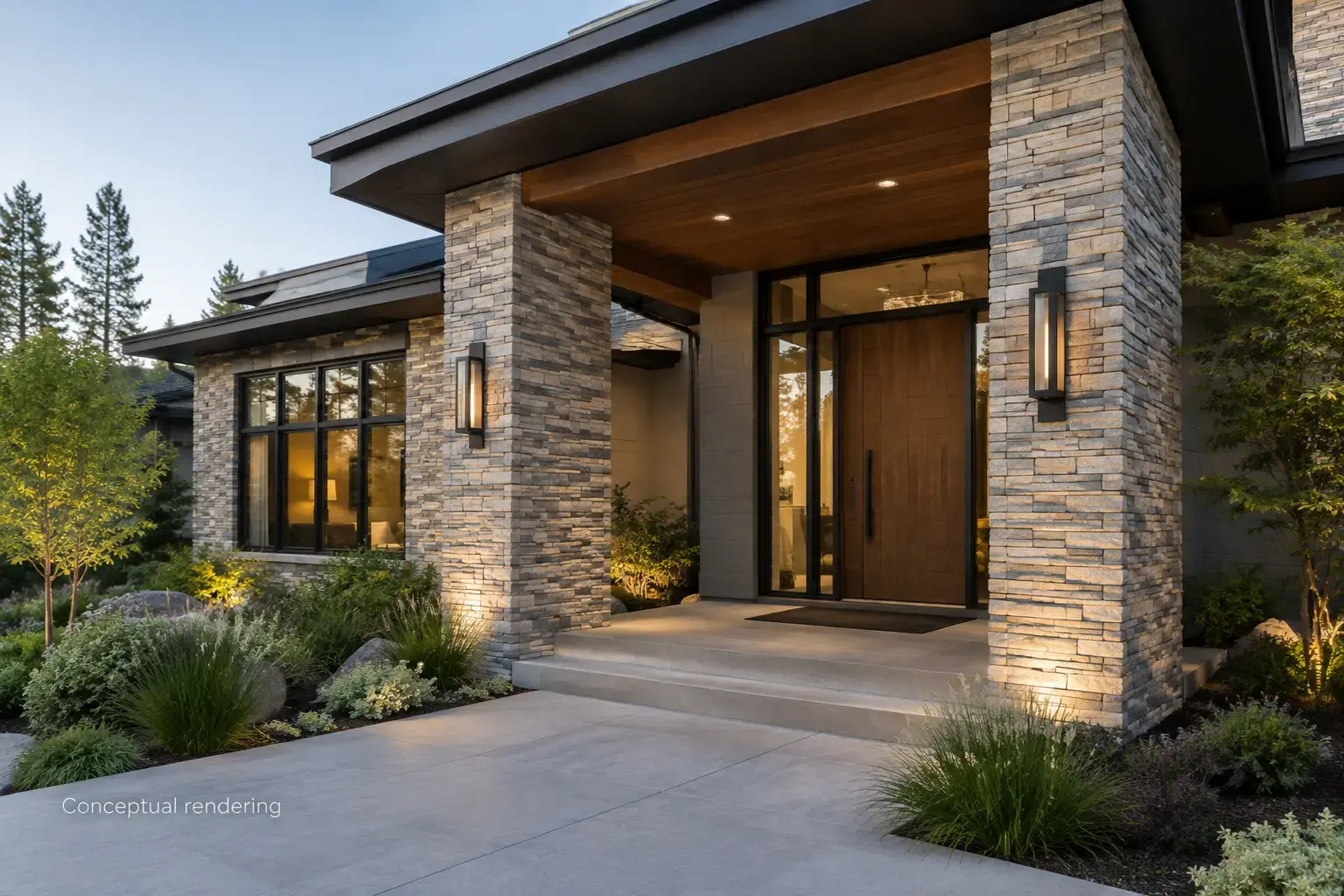 Conceptual rendering of luxury exterior entry with ledger stone-clad columns and modern wood door.