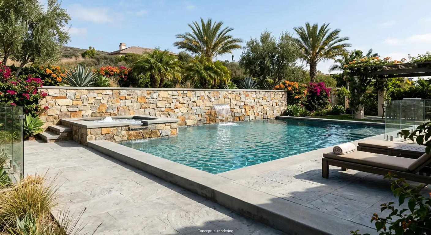 Conceptual rendering of quartzite ledger stone in pool surround.