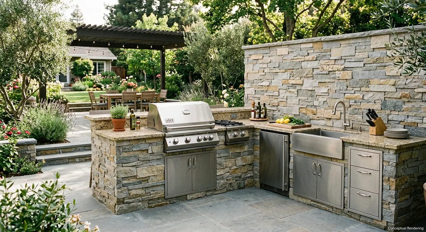 Conceptual rendering of quartzite ledger stone in outdoor kitchen.
