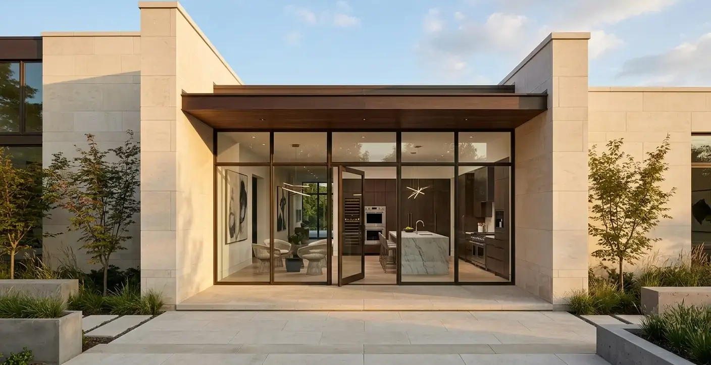 Conceptual rendering of limestone facades framing a covered entryway.
