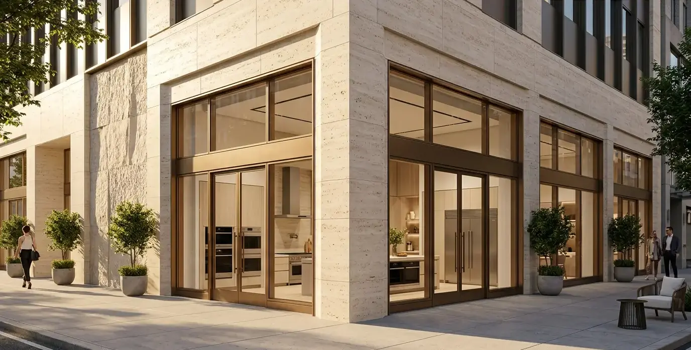 Conceptual rendering of limestone facades on a commercial storefront.