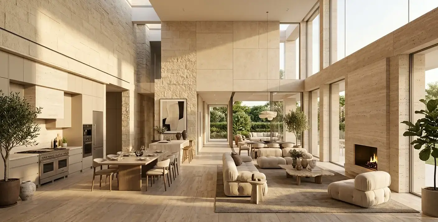 Conceptual rendering of limestone facades paired with travertine accents.