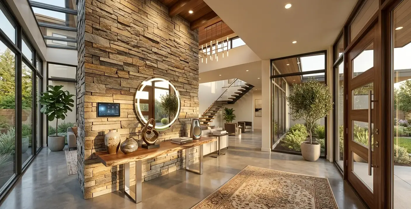 Conceptual rendering of a stacked stone entryway accent wall.
