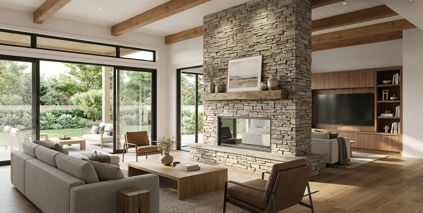 Conceptual rendering of a stacked stone chimney surround.