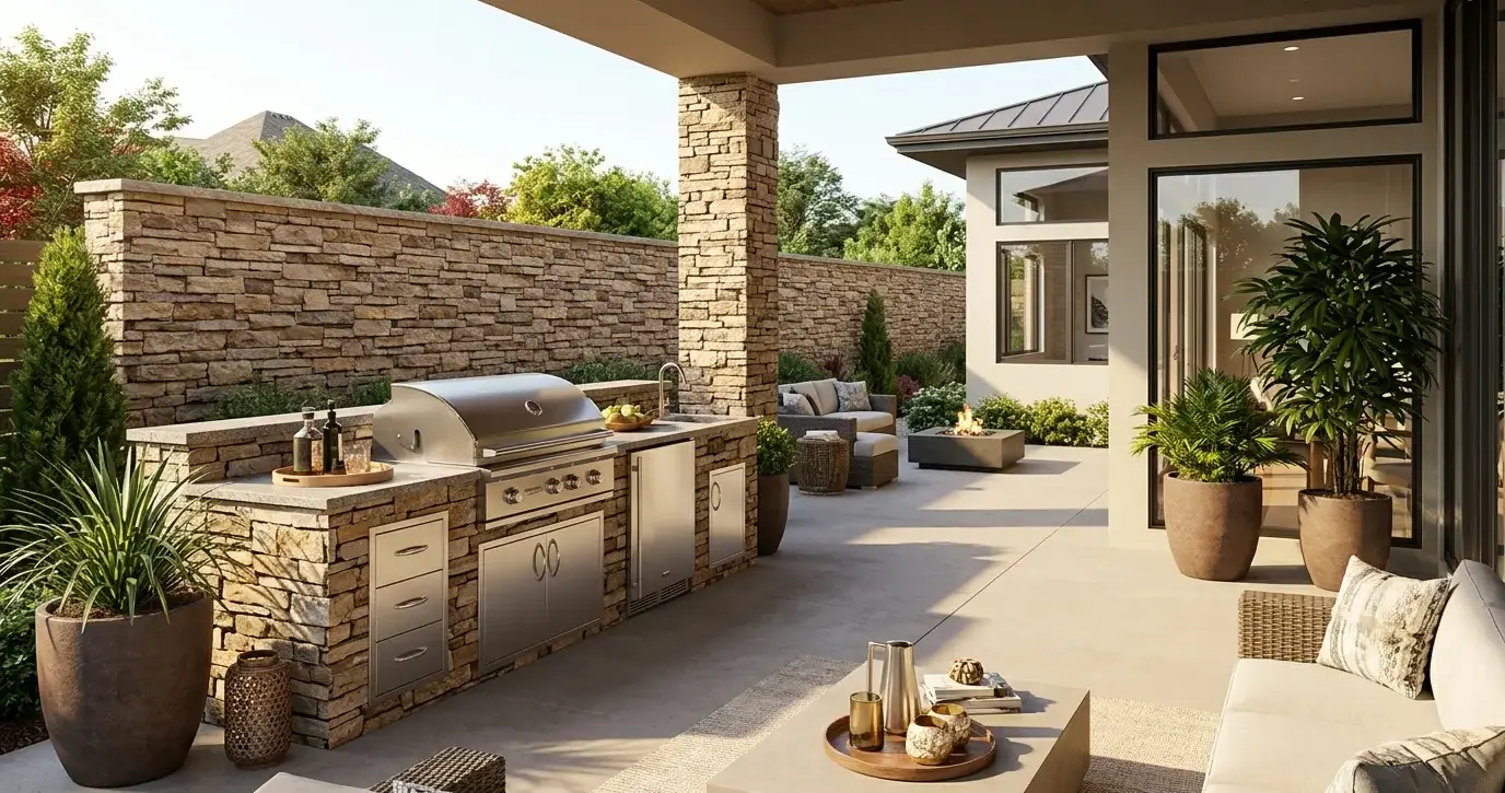 Conceptual rendering of a stacked stone privacy wall design.