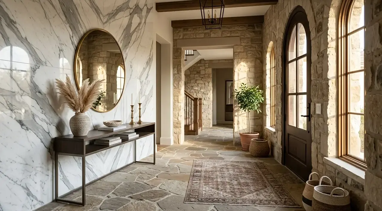 Conceptual rendering of a marble accent wall in a stone foyer entry